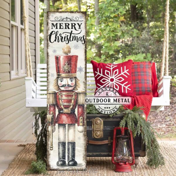 Merry Christmas Nutcracker Toy Soldier Doll Vertical Porch Front Door Entryway Welcome Holiday Decoration Canvas or Outdoor Metal Sign handmade by ToeFishArt. Original, custom, personalized wall decor signs. Canvas, Wood or Metal. Rustic modern farmhouse, cottagecore, vintage, retro, industrial, Americana, primitive, country, coastal, minimalist.