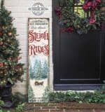 Old Fashioned Horse Drawn Sleigh Rides Vertical Porch Front Door Entryway Welcome Holiday Winter Seasonal Decoration Canvas or Outdoor Metal Sign handmade by ToeFishArt. Original, custom, personalized wall decor signs. Canvas, Wood or Metal. Rustic modern farmhouse, cottagecore, vintage, retro, industrial, Americana, primitive, country, coastal, minimalist.