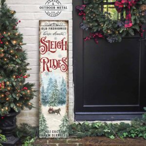 Old Fashioned Horse Drawn Sleigh Rides Vertical Porch Front Door Entryway Welcome Holiday Winter Seasonal Decoration Canvas or Outdoor Metal Sign handmade by ToeFishArt. Original, custom, personalized wall decor signs. Canvas, Wood or Metal. Rustic modern farmhouse, cottagecore, vintage, retro, industrial, Americana, primitive, country, coastal, minimalist.