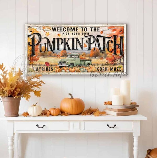 Toe Fish Art Halloween Fall home decor Pumpkin Patch Personalized Framed Canvas, Wrapped Canvas, or Outdoor Metal Sign, Colorful Autumn Harvest Decor with Vibrant Fall Colors. Outdoor weatherproof waterproof metal option available. Add easy, beautiful curb appeal! Seasonal holiday indoor or outdoor decor for your entryway. Handcrafted in the USA for your front door foyer porch entrance patio deck. Holiday outdoor decoration handmade by woman-owned USA small family American business ToeFishArt.com. Original, custom, personalized wall decor signs handcrafted in the USA and made-to-order for you. Choose from canvas, wood shiplap or outdoor metal. Select from rustic modern farmhouse, cottagecore, vintage, retro, industrial, Americana, primitive, country, coastal, minimalist, boho and eclectic home decor styles.