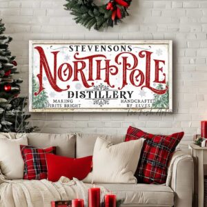 North Pole Distillery Christmas Decor bar sign Making Spirits Bright canvas or outdoor metal personalize-able sign handmade in the USA by ToeFishArt. Original, custom, personalized wall decor signs. Canvas, Wood or Metal. Rustic modern farmhouse, cottagecore, vintage, retro, industrial, Americana, primitive, country, coastal, minimalist.