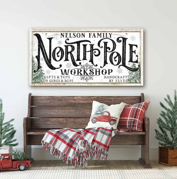 North Pole Workshop gifts & toys handcrafted by elves Christmas Decor sign canvas or outdoor metal personalize-able sign handmade in the USA by ToeFishArt. Original, custom, personalized wall decor signs. Canvas, Wood or Metal. Rustic modern farmhouse, cottagecore, vintage, retro, industrial, Americana, primitive, country, coastal, minimalist.