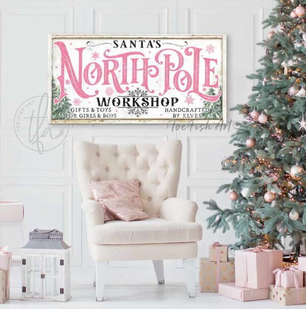 North Pole Workshop gifts & toys handcrafted by elves Christmas Decor sign canvas or outdoor metal personalize-able sign handmade in the USA by ToeFishArt. Original, custom, personalized wall decor signs. Canvas, Wood or Metal. Rustic modern farmhouse, cottagecore, vintage, retro, industrial, Americana, primitive, country, coastal, minimalist.