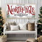 North Pole Workshop gifts & toys handcrafted by elves Christmas Decor sign canvas or outdoor metal personalize-able sign handmade in the USA by ToeFishArt. Original, custom, personalized wall decor signs. Canvas, Wood or Metal. Rustic modern farmhouse, cottagecore, vintage, retro, industrial, Americana, primitive, country, coastal, minimalist.