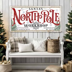 North Pole Workshop gifts & toys handcrafted by elves Christmas Decor sign canvas or outdoor metal personalize-able sign handmade in the USA by ToeFishArt. Original, custom, personalized wall decor signs. Canvas, Wood or Metal. Rustic modern farmhouse, cottagecore, vintage, retro, industrial, Americana, primitive, country, coastal, minimalist.