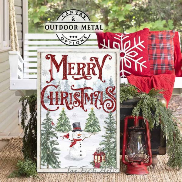 ToeFishArt Merry Christmas Winter Wonderland Snowman Porch Greeter Canvas or Outdoor Metal Seasonal Decor Vertical Sign Porch Leaner Front Door Entryway Welcome Thanksgiving Christmas Holidays Winter Seasonal Curb Appeal Outdoor Decoration handmade by ToeFishArt. Original, custom, personalized wall decor signs. Canvas, Wood or Metal. Rustic modern farmhouse, cottagecore, vintage, retro, industrial, Americana, primitive, country, coastal, minimalist.