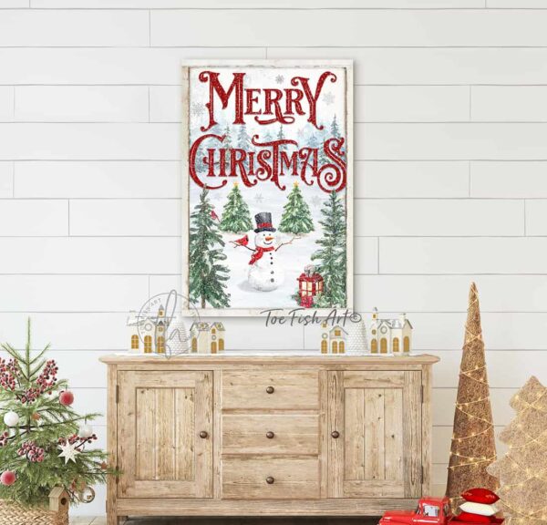 ToeFishArt Merry Christmas Winter Wonderland Snowman Porch Greeter Canvas or Outdoor Metal Seasonal Decor Vertical Sign Porch Leaner Front Door Entryway Welcome Thanksgiving Christmas Holidays Winter Seasonal Curb Appeal Outdoor Decoration handmade by ToeFishArt. Original, custom, personalized wall decor signs. Canvas, Wood or Metal. Rustic modern farmhouse, cottagecore, vintage, retro, industrial, Americana, primitive, country, coastal, minimalist.