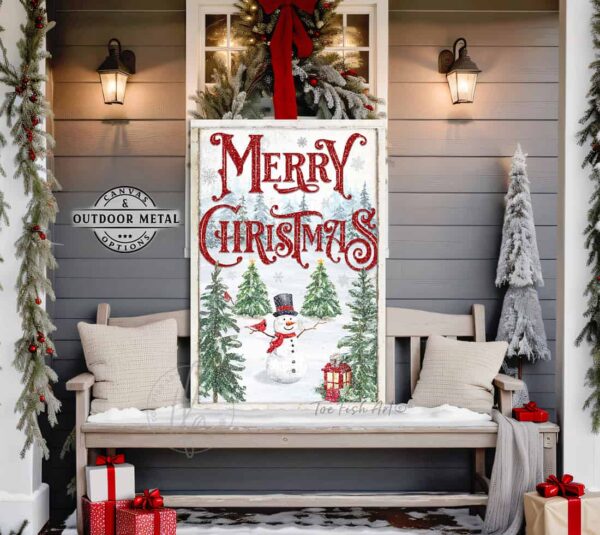 ToeFishArt Merry Christmas Winter Wonderland Snowman Porch Greeter Canvas or Outdoor Metal Seasonal Decor Vertical Sign Porch Leaner Front Door Entryway Welcome Thanksgiving Christmas Holidays Winter Seasonal Curb Appeal Outdoor Decoration handmade by ToeFishArt. Original, custom, personalized wall decor signs. Canvas, Wood or Metal. Rustic modern farmhouse, cottagecore, vintage, retro, industrial, Americana, primitive, country, coastal, minimalist.