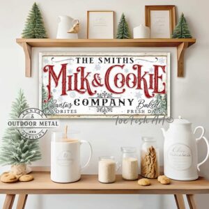 Milk & Cookie Company PERSONALIZED Canvas or Metal sign RED Christmas lettering Canvas or Outdoor Metal Personalize-able Sign Vintage Style Holiday Decoration for exterior Christmas season decoration holiday curb appeal nostalgic winter seasonal artwork wall decor handmade in the USA by the Toe Fish Art family artists. Original, custom, personalized wall decor signs. Canvas, Wood or Metal. Rustic modern farmhouse, cottagecore, vintage, retro, industrial, Americana, primitive, country, coastal, minimalist.