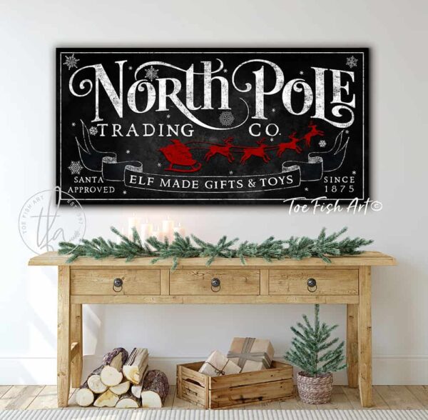 ToeFishArt handmade in the USA built to last canvas or outdoor exterior commercial-grade metal décor for festive holiday curb appeal. North Pole Trading Co. Vintage Black Red White sign Canvas or Metal Winter Seasonal Decor. Decoration for family and friends Christmas winter holiday meals and gatherings, outdoor Christmas decorations celebrations. Original, custom, personalized wall decor signs. Canvas, Wood or Metal. Rustic modern farmhouse, cottagecore, vintage, retro, industrial, Americana, primitive, country, coastal, minimalist. handmade in the USA by ToeFishArt. Original, custom, personalized wall decor signs. Canvas, Wood or Metal. Rustic modern farmhouse, cottagecore, vintage, retro, industrial, Americana, primitive, country, coastal, minimalist.
