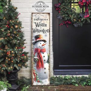 ToeFishArt Winter Wonderland Snowman Porch Greeter Canvas or Outdoor Metal Seasonal Decor Vertical Sign Porch Leaner Front Door Entryway Welcome Thanksgiving Christmas Holidays Winter Seasonal Curb Appeal Outdoor Decoration handmade by ToeFishArt. Original, custom, personalized wall decor signs. Canvas, Wood or Metal. Rustic modern farmhouse, cottagecore, vintage, retro, industrial, Americana, primitive, country, coastal, minimalist.