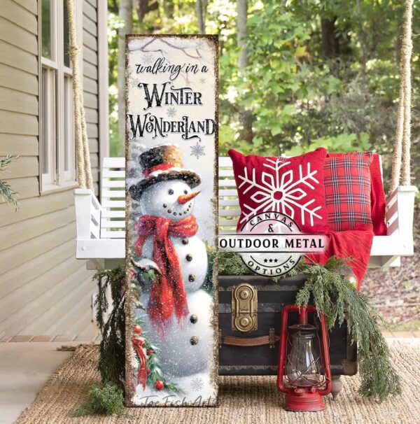 ToeFishArt Winter Wonderland Snowman Porch Greeter Canvas or Outdoor Metal Seasonal Decor Vertical Sign Porch Leaner Front Door Entryway Welcome Thanksgiving Christmas Holidays Winter Seasonal Curb Appeal Outdoor Decoration handmade by ToeFishArt. Original, custom, personalized wall decor signs. Canvas, Wood or Metal. Rustic modern farmhouse, cottagecore, vintage, retro, industrial, Americana, primitive, country, coastal, minimalist.