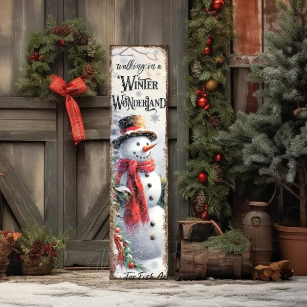 ToeFishArt Winter Wonderland Snowman Porch Greeter Canvas or Outdoor Metal Seasonal Decor Vertical Sign Porch Leaner Front Door Entryway Welcome Thanksgiving Christmas Holidays Winter Seasonal Curb Appeal Outdoor Decoration handmade by ToeFishArt. Original, custom, personalized wall decor signs. Canvas, Wood or Metal. Rustic modern farmhouse, cottagecore, vintage, retro, industrial, Americana, primitive, country, coastal, minimalist.