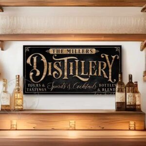 Distillery Personalize-able Canvas or Metal Rustic-Industrial Sign, Custom Color Options, wall hanging canvas or outdoor exterior metal great for outdoor living spaces Bar wall decor handmade in the USA by the Toe Fish Art family artists. Original, custom, personalized wall decor signs. Canvas, Wood or Metal. Rustic modern farmhouse, cottagecore, vintage, retro, industrial, Americana, primitive, country, coastal, minimalist.