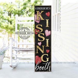 ToeFishArt Kissing Booth Be Mine Step Right Up Valentine's Seasonal Decoration Vertical Porch Greeter Canvas or Outdoor Metal Vertical Porch Leaner Sign Decor with Color Options Available for your Front Door Entryway Welcome Holiday Seasonal Curb Appeal Outdoor Decoration handmade by woman-owned USA small family business ToeFishArt. Original, custom, personalized wall decor signs. Canvas, Wood or Metal. Rustic modern farmhouse, cottagecore, vintage, retro, industrial, Americana, primitive, country, coastal, minimalist.