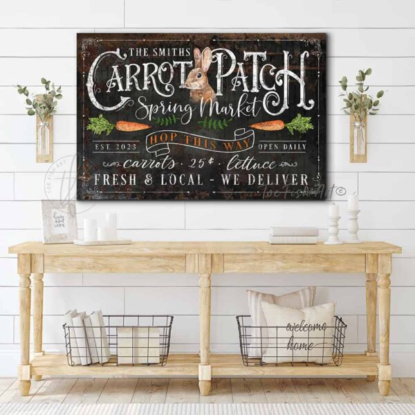 ToeFishArt Carrot Patch Spring Market Canvas or Outdoor Metal Personalize-able Easter entryway door greeter Seasonal Decoration for Porch curb appeal with Color Options Available for your Front Door Entryway Welcome Holiday Fresh Spring Seasonal Outdoor Decoration handmade by woman-owned USA small family business ToeFishArt. Original, custom, personalized wall decor signs. Canvas, Wood or Metal. Rustic modern farmhouse, cottagecore, vintage, retro, industrial, Americana, primitive, country, coastal, minimalist.