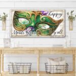 ToeFishArt Happy Mardi Gras Y'all Canvas or Outdoor Metal Party Decoration Sign with Carnival Masks and Beads Artwork in Pink, Purple, Green, Yellow, Gold & White handmade in the USA by Toe Fish Art. Small Family-Owned USA business using American-made materials. Locally sourced and sustainably made durable decor. Indoor and Outdoor seasonal Curb Appeal decor. Original, custom, personalized wall decor signs. Canvas, Wood or Metal. Rustic modern farmhouse, cottagecore, vintage, retro, industrial, Americana, primitive, country, coastal, minimalist.