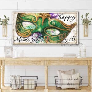 ToeFishArt Happy Mardi Gras Y'all Canvas or Outdoor Metal Party Decoration Sign with Carnival Masks and Beads Artwork in Pink, Purple, Green, Yellow, Gold & White handmade in the USA by Toe Fish Art. Small Family-Owned USA business using American-made materials. Locally sourced and sustainably made durable decor. Indoor and Outdoor seasonal Curb Appeal decor. Original, custom, personalized wall decor signs. Canvas, Wood or Metal. Rustic modern farmhouse, cottagecore, vintage, retro, industrial, Americana, primitive, country, coastal, minimalist.
