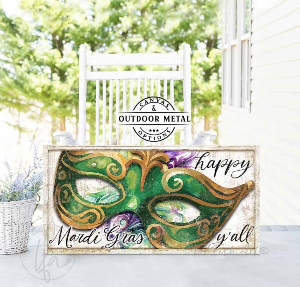 ToeFishArt Happy Mardi Gras Y'all Canvas or Outdoor Metal Party Decoration Sign with Carnival Masks and Beads Artwork in Pink, Purple, Green, Yellow, Gold & White handmade in the USA by Toe Fish Art. Small Family-Owned USA business using American-made materials. Locally sourced and sustainably made durable decor. Indoor and Outdoor seasonal Curb Appeal decor. Original, custom, personalized wall decor signs. Canvas, Wood or Metal. Rustic modern farmhouse, cottagecore, vintage, retro, industrial, Americana, primitive, country, coastal, minimalist.