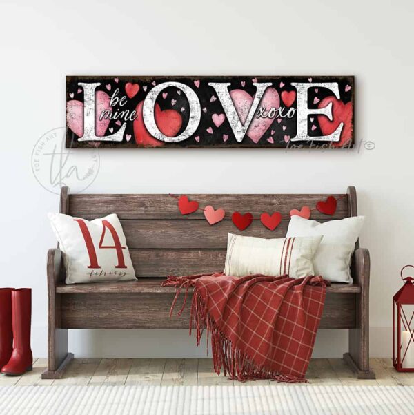 ToeFishArt LOVE Be Mine XOXO Valentine's Seasonal Decoration Canvas or Outdoor Metal Sign Decor with many Color Options Available for your Front Door Entryway Welcome Cozy Living Room Bedroom Holiday Porch Door Greeter Curb Appeal Decor handmade by woman-owned USA American family business ToeFishArt. High quality American sourced raw materials. Original, custom, personalized wall decor signs. Canvas, Wood or Metal. Rustic modern farmhouse, cottagecore, vintage, retro, industrial, Americana, primitive, country, coastal, minimalist.