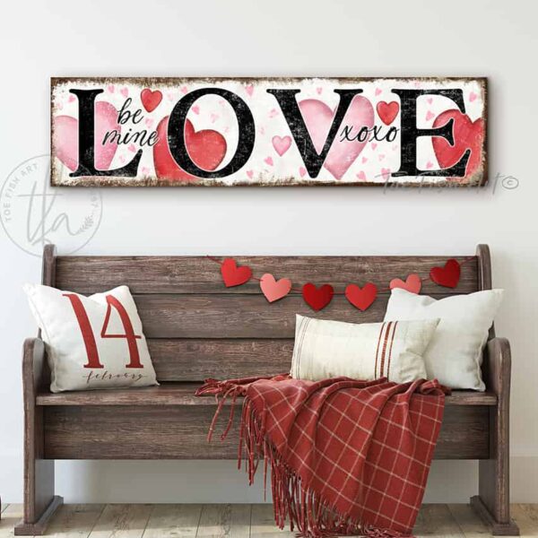 ToeFishArt LOVE Be Mine XOXO Valentine's Seasonal Decoration Canvas or Outdoor Metal Sign Decor with many Color Options Available for your Front Door Entryway Welcome Cozy Living Room Bedroom Holiday Porch Door Greeter Curb Appeal Decor handmade by woman-owned USA American family business ToeFishArt. High quality American sourced raw materials. Original, custom, personalized wall decor signs. Canvas, Wood or Metal. Rustic modern farmhouse, cottagecore, vintage, retro, industrial, Americana, primitive, country, coastal, minimalist.