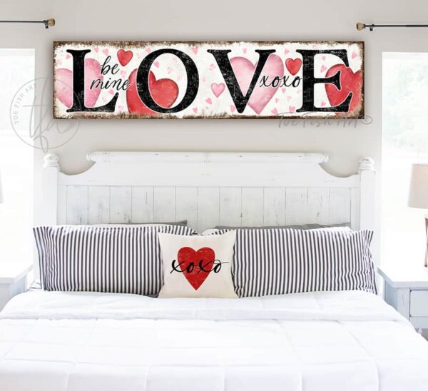 ToeFishArt LOVE Be Mine XOXO Valentine's Seasonal Decoration Canvas or Outdoor Metal Sign Decor with many Color Options Available for your Front Door Entryway Welcome Cozy Living Room Bedroom Holiday Porch Door Greeter Curb Appeal Decor handmade by woman-owned USA American family business ToeFishArt. High quality American sourced raw materials. Original, custom, personalized wall decor signs. Canvas, Wood or Metal. Rustic modern farmhouse, cottagecore, vintage, retro, industrial, Americana, primitive, country, coastal, minimalist.
