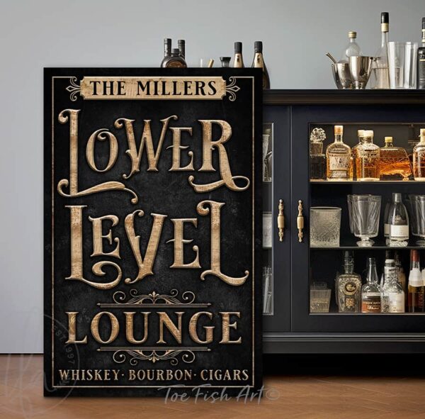 Lower Level Lounge Personalize-able Canvas or Metal Rustic-Industrial Sign, Custom Wording Options, vertical wall hanging canvas or outdoor exterior metal great for basement and outdoor living spaces wall decor handmade in the USA by the Toe Fish Art family artists. Original, custom, personalized wall decor signs. Canvas, Wood or Metal. Rustic modern farmhouse, cottagecore, vintage, retro, industrial, Americana, primitive, country, coastal, minimalist.