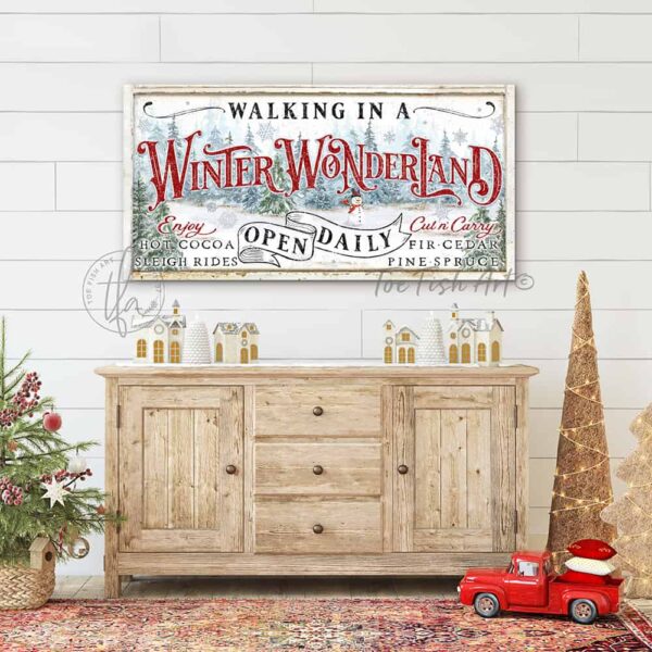ToeFishArt handmade in the USA built to last canvas or outdoor exterior commercial-grade metal décor for festive holiday seasonal colorful curb appeal. Personalize-able Walking in a Winter Wonderland Canvas or Metal Winter Seasonal Decor perfect for countertop bar sideboard buffet doorway entryway porch fireplace mantel TV. Decoration for family and friends Christmas winter holiday meals party and gatherings, outdoor Christmas decorations. Original, custom, personalized wall decor signs. Canvas, Wood or Metal. Rustic modern farmhouse, cottagecore, vintage, retro, industrial, Americana, primitive, country, coastal, minimalist. handmade in the USA by ToeFishArt. Original, custom, personalized wall decor signs. Canvas, Wood or Metal. Rustic modern farmhouse, cottagecore, vintage, retro, industrial, Americana, primitive, country, coastal, minimalist.