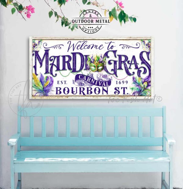 Welcome to Mardi Gras Party Decoration, Personalized Family Name Sign, Wall Decor with Carnival Masks and Beads Artwork in Purple, Green, Yellow & White, Canvas or Outdoor Metal handmade in the USA by ToeFishArt. Small Family-Owned USA business using American-made materials. Locally sourced and sustainably made decor. Indoor and Outdoor seasonal Curb Appeal. Original, custom, personalized wall decor signs. Canvas, Wood or Metal. Rustic modern farmhouse, cottagecore, vintage, retro, industrial, Americana, primitive, country, coastal, minimalist.