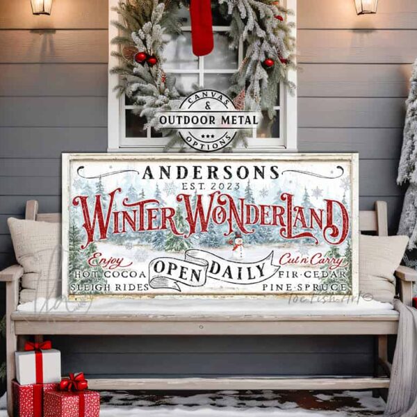 ToeFishArt handmade in the USA built to last canvas or outdoor exterior commercial-grade metal décor for festive holiday seasonal colorful curb appeal. Personalize-able Walking in a Winter Wonderland Canvas or Metal Winter Seasonal Decor perfect for countertop bar sideboard buffet doorway entryway porch fireplace mantel TV. Decoration for family and friends Christmas winter holiday meals party and gatherings, outdoor Christmas decorations. Original, custom, personalized wall decor signs. Canvas, Wood or Metal. Rustic modern farmhouse, cottagecore, vintage, retro, industrial, Americana, primitive, country, coastal, minimalist. handmade in the USA by ToeFishArt. Original, custom, personalized wall decor signs. Canvas, Wood or Metal. Rustic modern farmhouse, cottagecore, vintage, retro, industrial, Americana, primitive, country, coastal, minimalist.