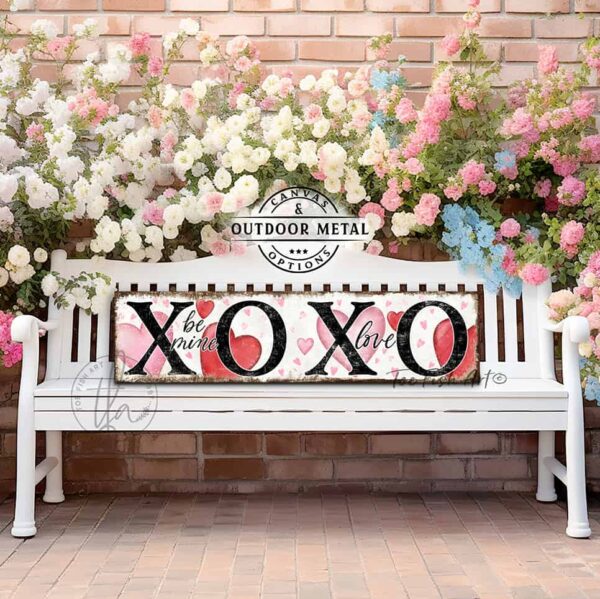 ToeFishArt XOXO Love Be Mine Valentine's Seasonal Decoration Canvas or Outdoor Metal Sign Decor with many Color Options Available for your Front Door Entryway Welcome Cozy Living Room Bedroom Holiday Porch Door Greeter Curb Appeal Decor handmade by woman-owned USA American family business ToeFishArt. High quality American sourced raw materials. Original, custom, personalized wall decor signs. Canvas, Wood or Metal. Rustic modern farmhouse, cottagecore, vintage, retro, industrial, Americana, primitive, country, coastal, minimalist.