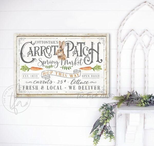 ToeFishArt Carrot Patch Spring Market Canvas or Outdoor Metal Personalize-able Easter entryway door greeter Seasonal Decoration for Porch curb appeal with Color Options Available for your Front Door Entryway Welcome Holiday Fresh Spring Seasonal Outdoor Decoration handmade by woman-owned USA small family business ToeFishArt. Original, custom, personalized wall decor signs. Canvas, Wood or Metal. Rustic modern farmhouse, cottagecore, vintage, retro, industrial, Americana, primitive, country, coastal, minimalist.