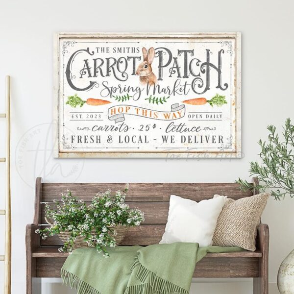 ToeFishArt Carrot Patch Spring Market Canvas or Outdoor Metal Personalize-able Easter entryway door greeter Seasonal Decoration for Porch curb appeal with Color Options Available for your Front Door Entryway Welcome Holiday Fresh Spring Seasonal Outdoor Decoration handmade by woman-owned USA small family business ToeFishArt. Original, custom, personalized wall decor signs. Canvas, Wood or Metal. Rustic modern farmhouse, cottagecore, vintage, retro, industrial, Americana, primitive, country, coastal, minimalist.