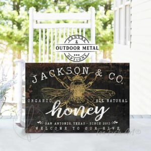ToeFishArt Personalized Rustic Modern Farmhouse Honey Bee Sign, Canvas or Outdoor Exterior Commercial-Grade durable Metal Sign handmade in the USA and built to last a lifetime by the Toe Fish Art family artisans. Add your family name, city, state, established year to this beautiful queen bee artwork for unique, beautiful eye-catching appeal indoors and outdoors. Original, custom, personalized wall decor signs. Canvas, Wood or Metal. Rustic modern farmhouse, cottagecore, vintage, retro, industrial, Americana, primitive, country, coastal, minimalist.