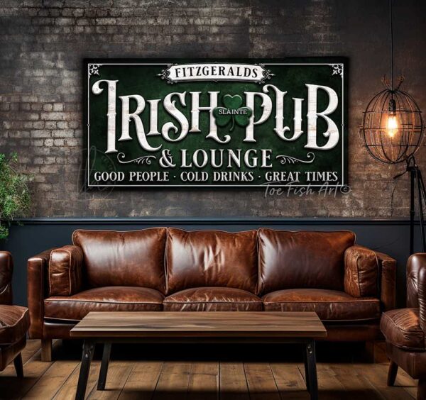 ToeFishArt Irish Pub & Lounge Canvas or Outdoor Metal Personalize-able Luck of the Irish Spring St. Patty's Day Bar Decor. Seasonal Decoration for your Kitchen, Bar, Breakfast Nook, Man Cave, Entryway, Welcome Holiday Fresh Spring Seasonal Indoor-Outdoor Decoration handmade by woman-owned USA small family business Toe Fish Art. Original, custom, personalized wall decor signs. Canvas, Wood or Metal. Rustic modern farmhouse, cottagecore, vintage, retro, industrial, Americana, primitive, country, coastal, minimalist.