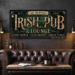 ToeFishArt Irish Pub & Lounge Canvas or Outdoor Metal Personalize-able Luck of the Irish Spring St. Patty's Day Bar Decor. Seasonal Decoration for your Kitchen, Bar, Breakfast Nook, Man Cave, Entryway, Welcome Holiday Fresh Spring Seasonal Indoor-Outdoor Decoration handmade by woman-owned USA small family business Toe Fish Art. Original, custom, personalized wall decor signs. Canvas, Wood or Metal. Rustic modern farmhouse, cottagecore, vintage, retro, industrial, Americana, primitive, country, coastal, minimalist.