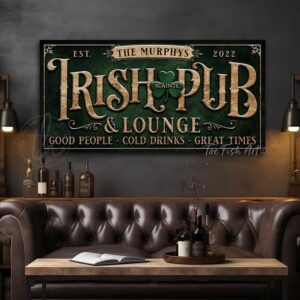ToeFishArt Irish Pub & Lounge Canvas or Outdoor Metal Personalize-able Luck of the Irish Spring St. Patty's Day Bar Decor. Seasonal Decoration for your Kitchen, Bar, Breakfast Nook, Man Cave, Entryway, Welcome Holiday Fresh Spring Seasonal Indoor-Outdoor Decoration handmade by woman-owned USA small family business Toe Fish Art. Original, custom, personalized wall decor signs. Canvas, Wood or Metal. Rustic modern farmhouse, cottagecore, vintage, retro, industrial, Americana, primitive, country, coastal, minimalist.