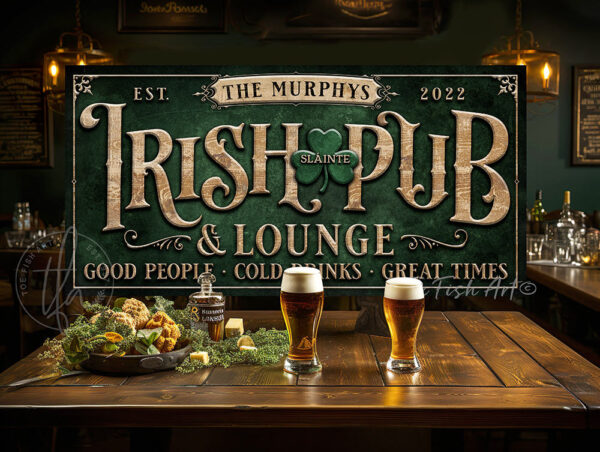 ToeFishArt Irish Pub & Lounge Canvas or Outdoor Metal Personalize-able Luck of the Irish Spring St. Patty's Day Bar Decor. Seasonal Decoration for your Kitchen, Bar, Breakfast Nook, Man Cave, Entryway, Welcome Holiday Fresh Spring Seasonal Indoor-Outdoor Decoration handmade by woman-owned USA small family business Toe Fish Art. Original, custom, personalized wall decor signs. Canvas, Wood or Metal. Rustic modern farmhouse, cottagecore, vintage, retro, industrial, Americana, primitive, country, coastal, minimalist.