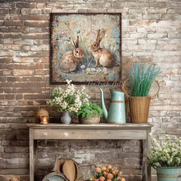ToeFishArt Rustic Vintage Inspired Bunny Rabbits Easter Spring Cottagecore Decor Square Shaped Canvas Sign. Spring Easter entryway Seasonal Decoration for your Front Door Entryway Welcome Holiday Fresh Spring Seasonal and Colorful Decoration handmade by woman-owned USA small family business ToeFishArt. The perfect affordable decor for spring parties, Easter egg hunt gatherings. Built to last in the USA and use year after year. Original, custom, personalized wall decor signs. Canvas, Wood or Metal. Rustic modern farmhouse, cottagecore, vintage, retro, industrial, Americana, primitive, country, coastal, minimalist.