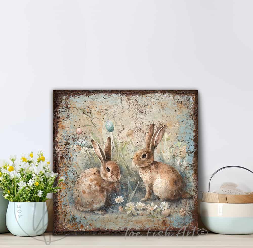 ToeFishArt Rustic Vintage Inspired Bunny Rabbits Easter Spring Cottagecore Decor Square Shaped Canvas Sign. Spring Easter entryway Seasonal Decoration for your Front Door Entryway Welcome Holiday Fresh Spring Seasonal and Colorful Decoration handmade by woman-owned USA small family business ToeFishArt. The perfect affordable decor for spring parties, Easter egg hunt gatherings. Built to last in the USA and use year after year. Original, custom, personalized wall decor signs. Canvas, Wood or Metal. Rustic modern farmhouse, cottagecore, vintage, retro, industrial, Americana, primitive, country, coastal, minimalist.