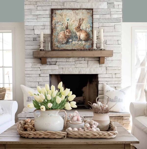 ToeFishArt Rustic Vintage Inspired Bunny Rabbits Easter Spring Cottagecore Decor Square Shaped Canvas Sign. Spring Easter entryway Seasonal Decoration for your Front Door Entryway Welcome Holiday Fresh Spring Seasonal and Colorful Decoration handmade by woman-owned USA small family business ToeFishArt. The perfect affordable decor for spring parties, Easter egg hunt gatherings. Built to last in the USA and use year after year. Original, custom, personalized wall decor signs. Canvas, Wood or Metal. Rustic modern farmhouse, cottagecore, vintage, retro, industrial, Americana, primitive, country, coastal, minimalist.