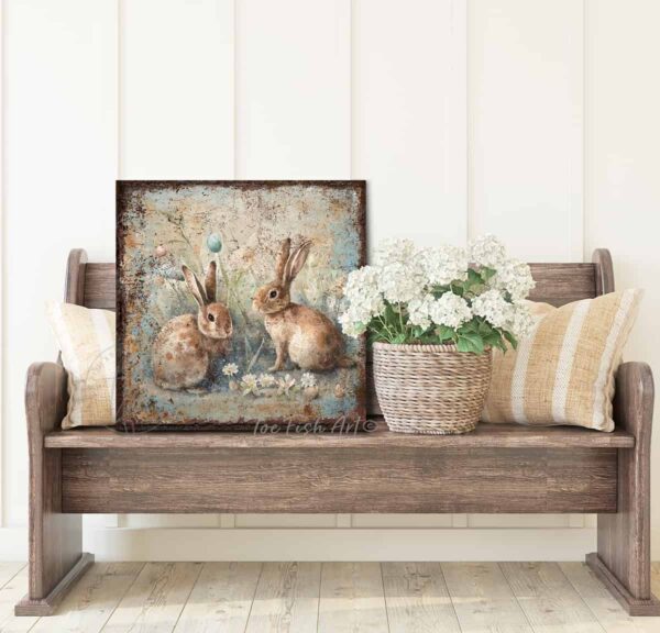 ToeFishArt Rustic Vintage Inspired Bunny Rabbits Easter Spring Cottagecore Decor Square Shaped Canvas Sign. Spring Easter entryway Seasonal Decoration for your Front Door Entryway Welcome Holiday Fresh Spring Seasonal and Colorful Decoration handmade by woman-owned USA small family business ToeFishArt. The perfect affordable decor for spring parties, Easter egg hunt gatherings. Built to last in the USA and use year after year. Original, custom, personalized wall decor signs. Canvas, Wood or Metal. Rustic modern farmhouse, cottagecore, vintage, retro, industrial, Americana, primitive, country, coastal, minimalist.
