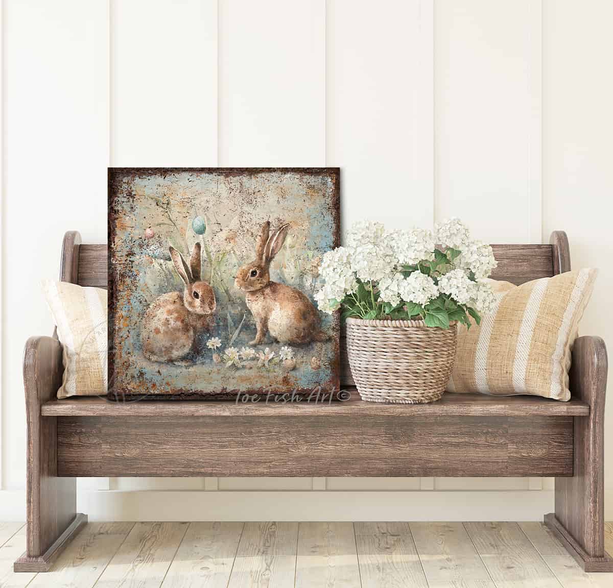 ToeFishArt Rustic Vintage Inspired Bunny Rabbits Easter Spring Cottagecore Decor Square Shaped Canvas Sign. Spring Easter entryway Seasonal Decoration for your Front Door Entryway Welcome Holiday Fresh Spring Seasonal and Colorful Decoration handmade by woman-owned USA small family business ToeFishArt. The perfect affordable decor for spring parties, Easter egg hunt gatherings. Built to last in the USA and use year after year. Original, custom, personalized wall decor signs. Canvas, Wood or Metal. Rustic modern farmhouse, cottagecore, vintage, retro, industrial, Americana, primitive, country, coastal, minimalist.