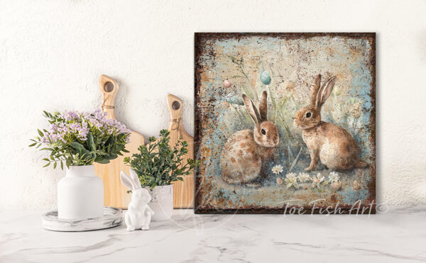 ToeFishArt Rustic Vintage Inspired Bunny Rabbits Easter Spring Cottagecore Decor Square Shaped Canvas Sign. Spring Easter entryway Seasonal Decoration for your Front Door Entryway Welcome Holiday Fresh Spring Seasonal and Colorful Decoration handmade by woman-owned USA small family business ToeFishArt. The perfect affordable decor for spring parties, Easter egg hunt gatherings. Built to last in the USA and use year after year. Original, custom, personalized wall decor signs. Canvas, Wood or Metal. Rustic modern farmhouse, cottagecore, vintage, retro, industrial, Americana, primitive, country, coastal, minimalist.