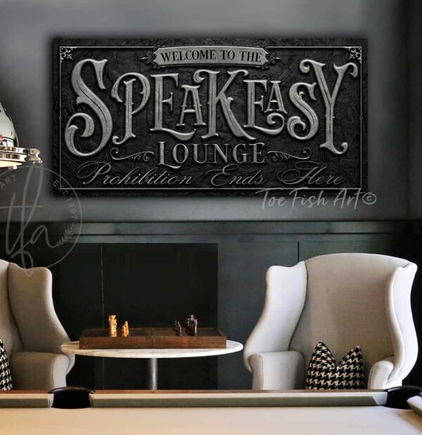 Speakeasy Lounge Prohibition Ends Here Canvas or Metal Personalize-able wall decor sign with color options handmade by ToeFishArt. Original, custom, personalized wall decor signs. Canvas, Wood or Metal. Rustic modern farmhouse, cottagecore, vintage, retro, industrial, Americana, primitive, country, coastal, minimalist.