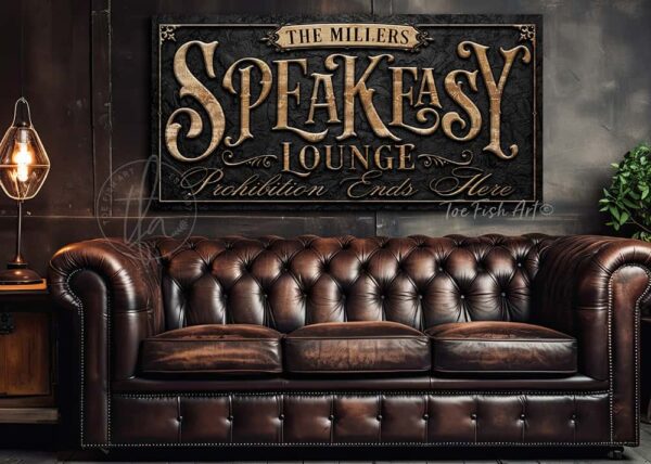 Speakeasy Lounge Prohibition Ends Here Canvas or Metal Personalize-able wall decor sign with color options handmade by ToeFishArt. Original, custom, personalized wall decor signs. Canvas, Wood or Metal. Rustic modern farmhouse, cottagecore, vintage, retro, industrial, Americana, primitive, country, coastal, minimalist.