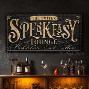Speakeasy Lounge Prohibition Ends Here Canvas or Metal Personalize-able wall decor sign with color options handmade by ToeFishArt. Original, custom, personalized wall decor signs. Canvas, Wood or Metal. Rustic modern farmhouse, cottagecore, vintage, retro, industrial, Americana, primitive, country, coastal, minimalist.