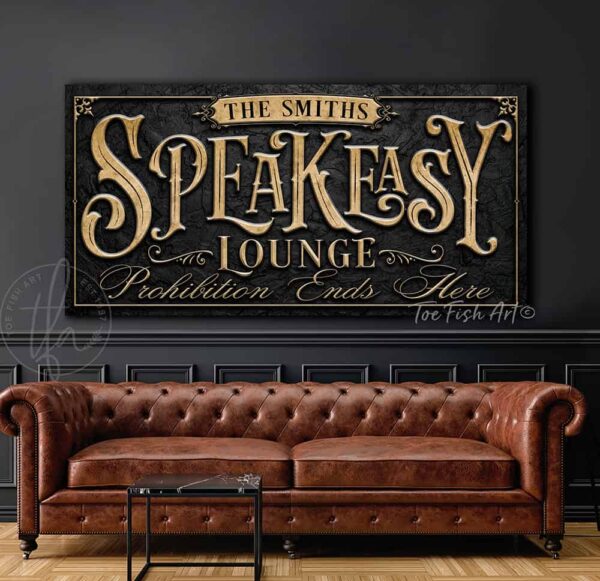 Speakeasy Lounge Prohibition Ends Here Canvas or Metal Personalize-able wall decor sign with color options handmade by ToeFishArt. Original, custom, personalized wall decor signs. Canvas, Wood or Metal. Rustic modern farmhouse, cottagecore, vintage, retro, industrial, Americana, primitive, country, coastal, minimalist.