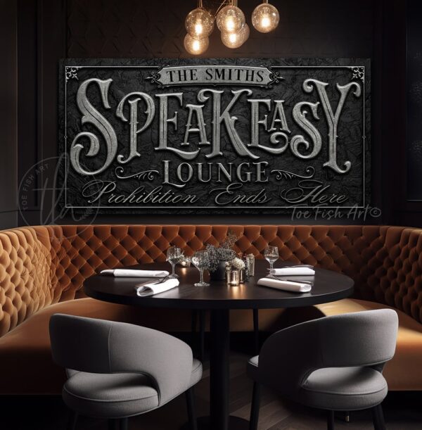 Speakeasy Lounge Prohibition Ends Here Canvas or Metal Personalize-able wall decor sign with color options handmade by ToeFishArt. Original, custom, personalized wall decor signs. Canvas, Wood or Metal. Rustic modern farmhouse, cottagecore, vintage, retro, industrial, Americana, primitive, country, coastal, minimalist.