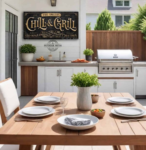 Chill & Grill Backyard Retreat Personalized Sign handmade by ToeFishArt. Personalize-able Canvas or Outdoor Exterior Commercial-Grade Metal Sign handmade in the USA and built to last a lifetime by ToeFishArt. Add your family name and date to this beautiful artwork for unique eye-catching back deck pool patio appeal. Color options available. Original, custom, personalized wall decor signs. Canvas, Wood or Metal. Rustic modern farmhouse, cottagecore, vintage, retro, industrial, Americana, primitive, country, coastal, minimalist.